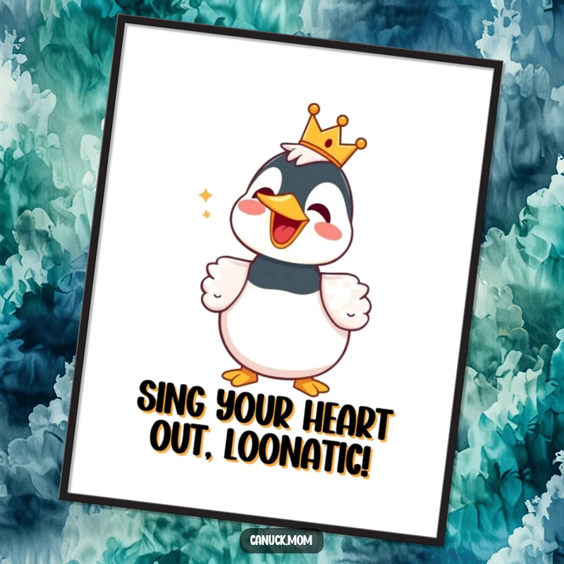 Funny Free Printable Wall Art: A delighted loon proudly wears a small crown and sings a happy tune.