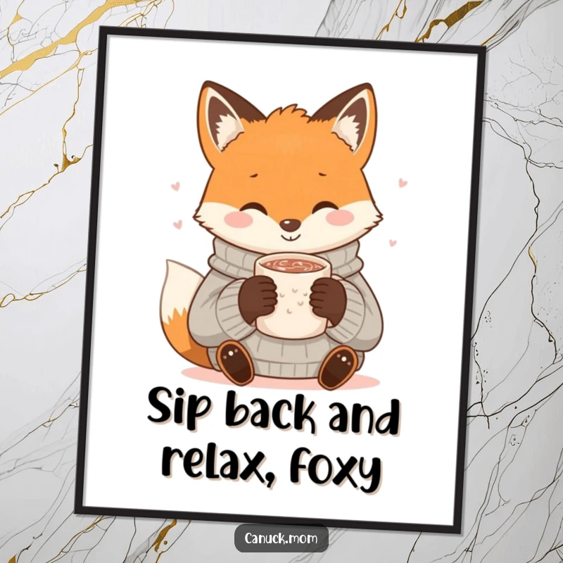 Funny Free Printable Wall Art: Smiling fox wearing a cozy sweater, enjoying a warm cup of hot cocoa.