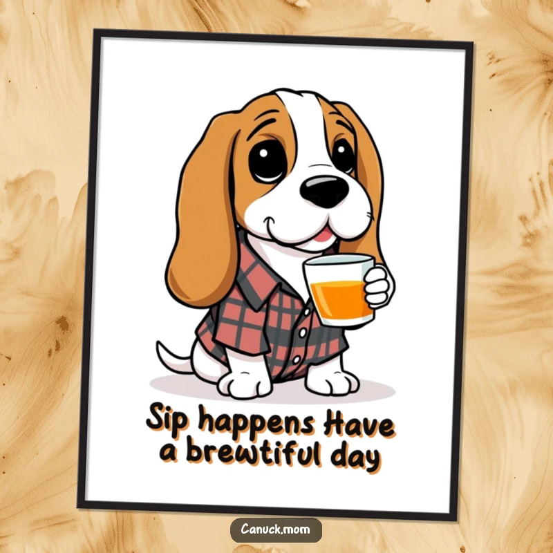 Funny Free Printable Wall Art: Basset Hound in a plaid shirt enjoys a cup of tea, exuding comfort.