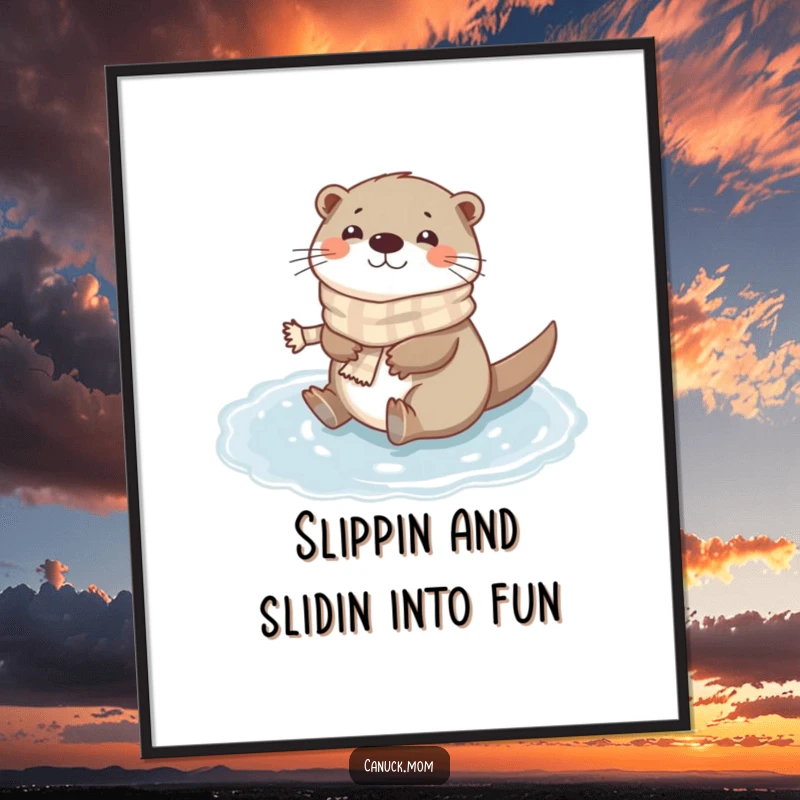 Funny Free Printable Wall Art: A happy otter wearing a tiny scarf slides joyfully on a frozen puddle, bringing winter fun.