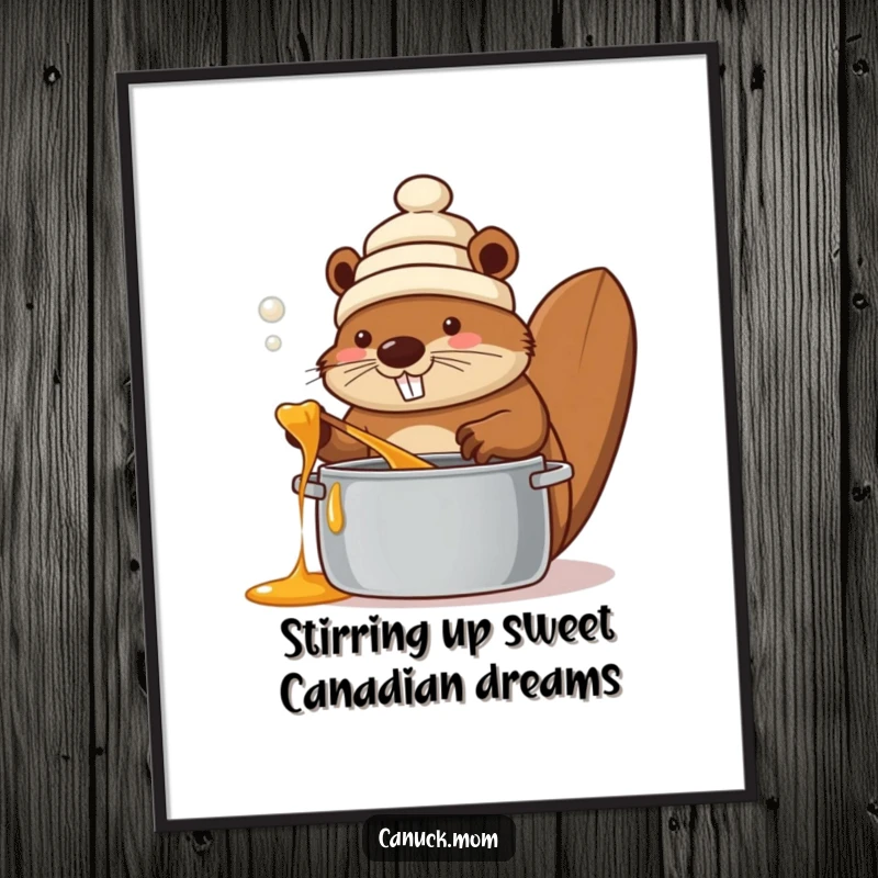 Funny Free Printable Beaver Wall Art: Beaver wearing a toque stirring maple syrup, perfect Canadian downloadable art.