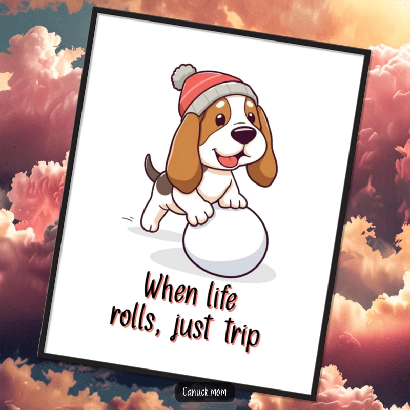 Funny Free Printable Wall Art: A Basset hound wearing a hat comically trips over a rolling snowball, a moment of slapstick.