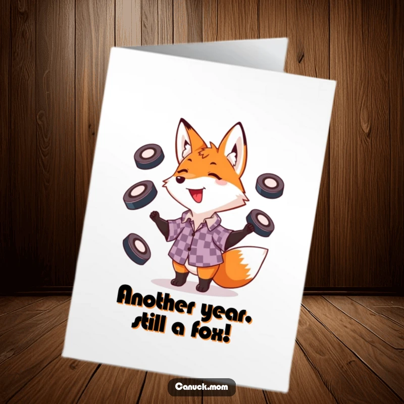 Funny Free Printable Birthday Card: Playful fox in a checkered shirt skillfully juggling hockey pucks with a grin.