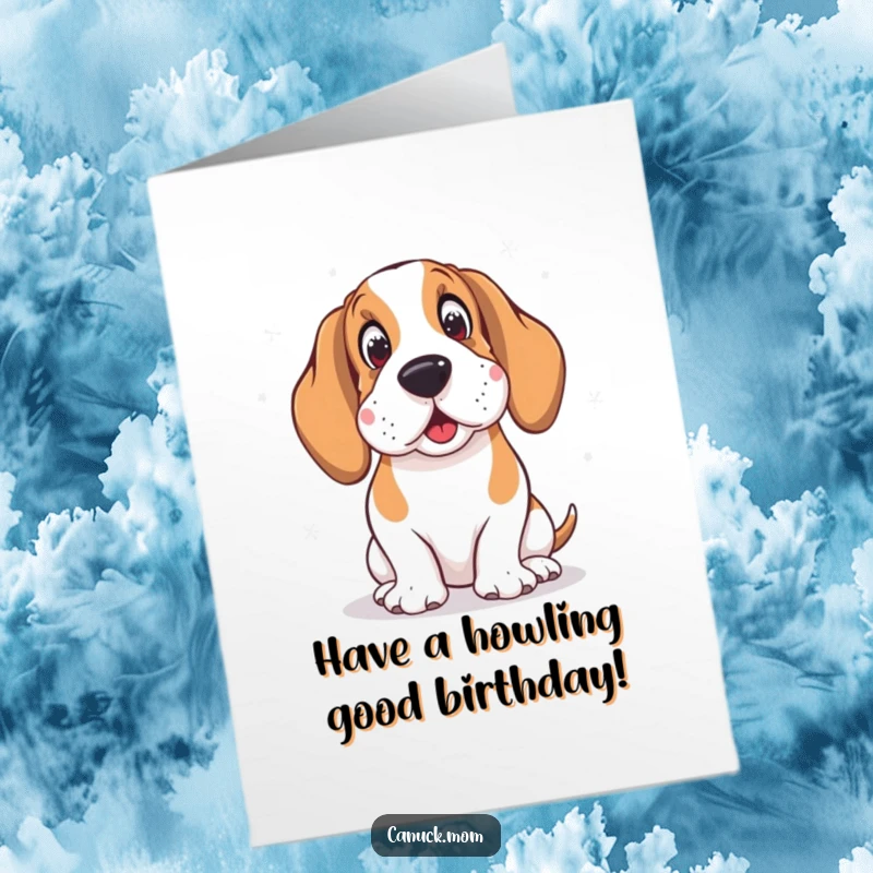 Funny Free Printable Basset Hound in earmuffs looking amused at falling snowflakes, for a birthday card.