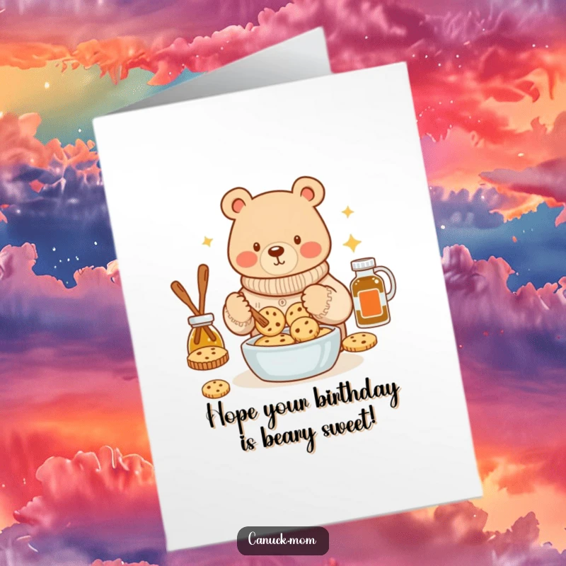 Funny Free Printable birthday card featuring a bear in a cozy sweater, happily baking maple syrup cookies for a sweet celebration.