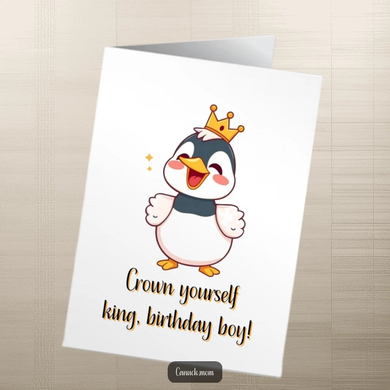 Funny Free Printable Birthday Card: A delighted loon wearing a crown sings a happy tune, ready to celebrate.