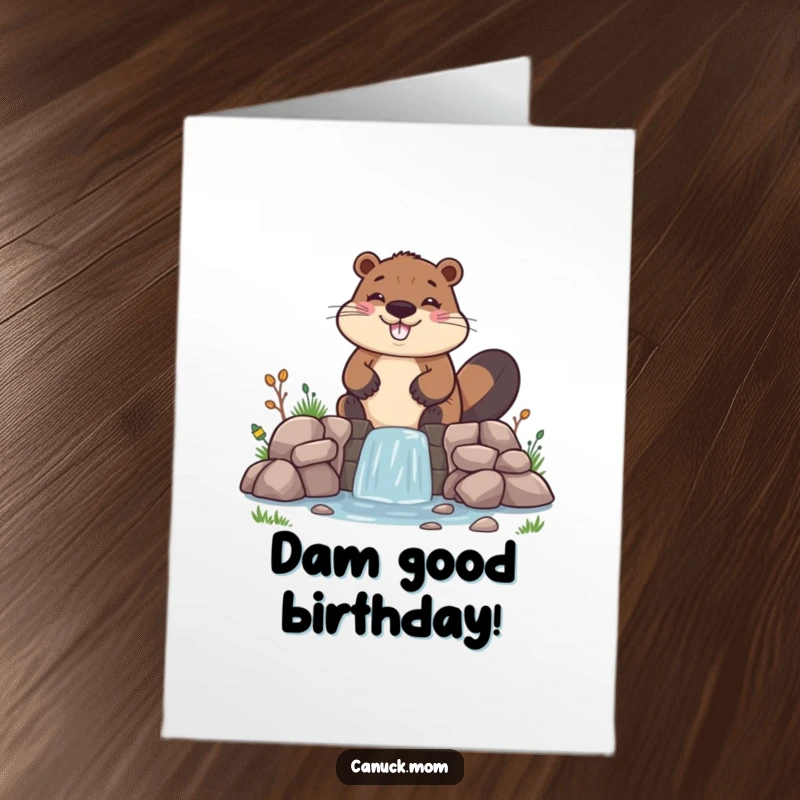 Funny Free Printable Birthday Card: Cheerful beaver humorously building a tiny, crooked dam, perfect for birthday wishes.