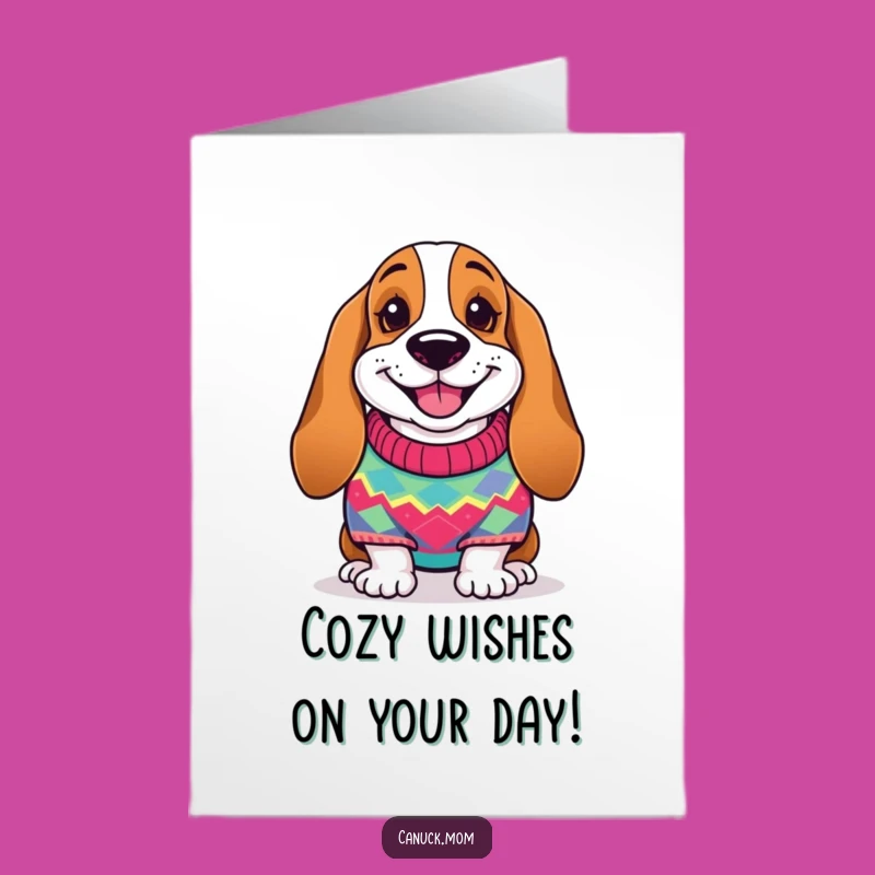 Free Printable Birthday Card: Cozy Basset Hound Sweater Funny Downloadable Holiday Gift
