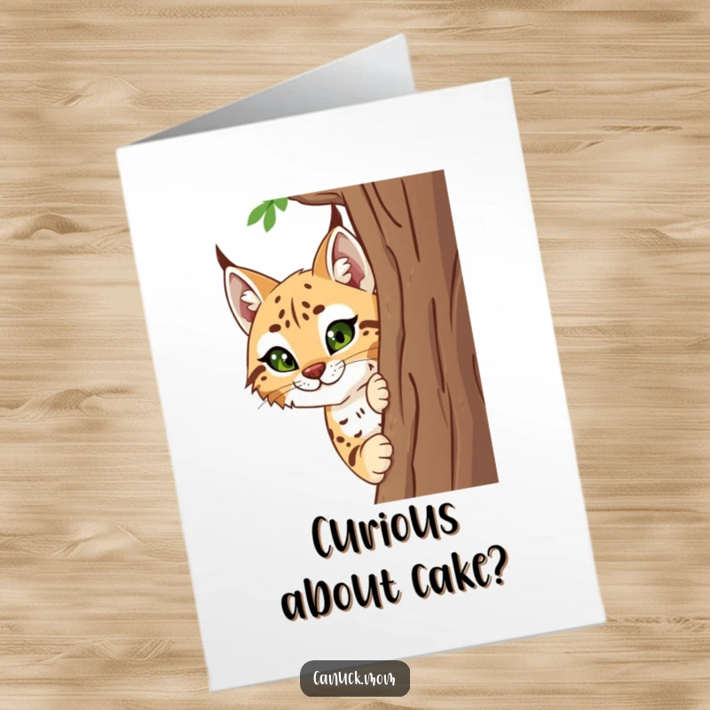 Funny Free Printable Birthday Card: A smiling lynx with a curious gaze peeks from behind a tree.