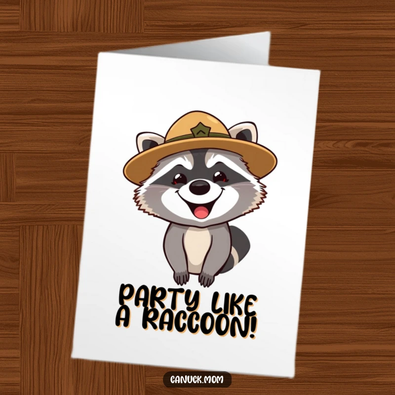 Funny Free Printable Birthday Card: A grinning raccoon in a park ranger hat looks curiously, perfect for birthday greetings.
