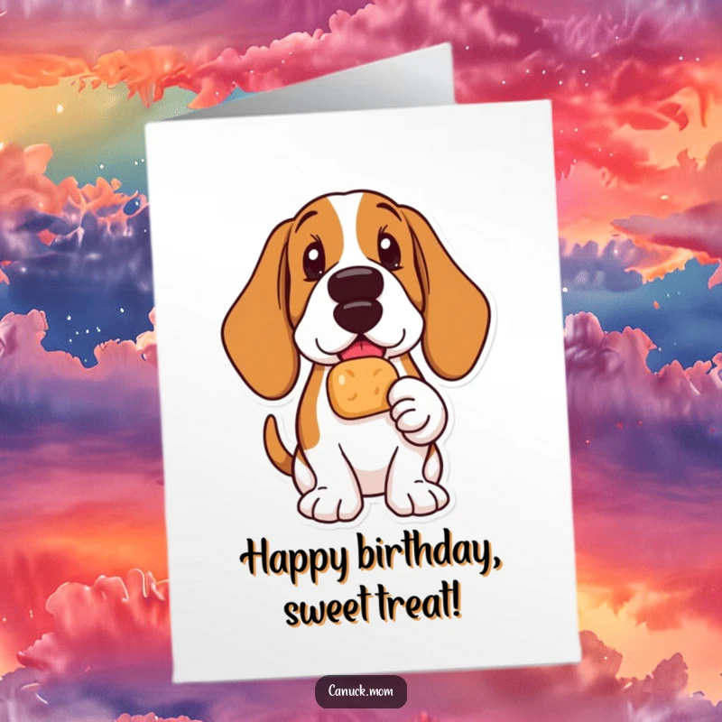 Funny Free Printable Birthday Card featuring a Basset Hound with a Timbit in its paw, looking absolutely delighted and happy.