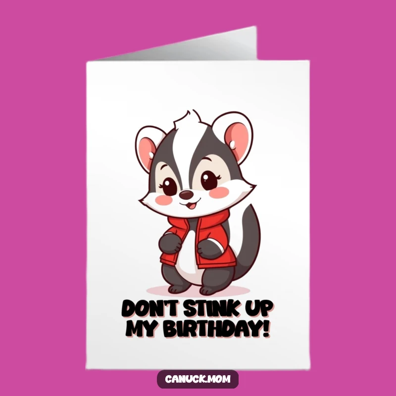 Free Printable Birthday Card: Friendly Skunk in Red Jacket - Funny Downloadable Gift