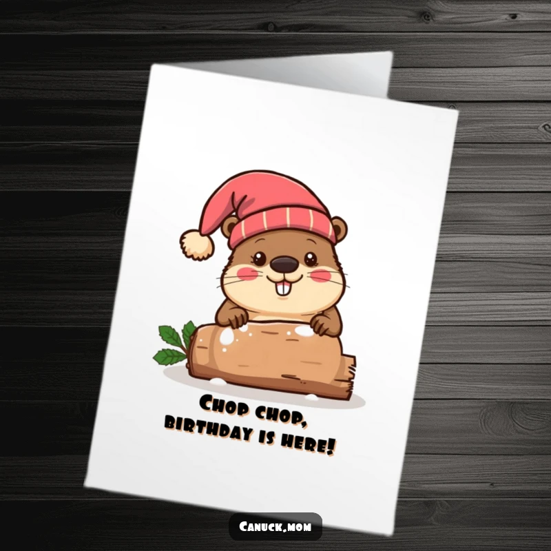 Funny free printable birthday card, beaver wearing toque hat energetically chopping a festive log, birthday celebration, woodland humor.