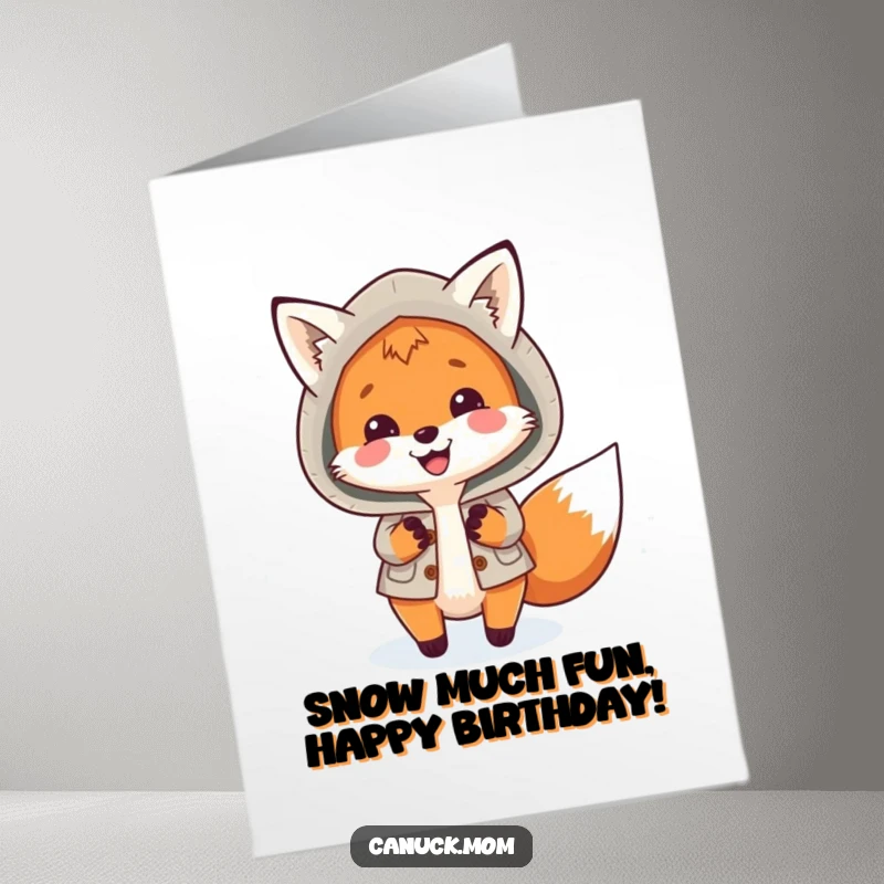 Funny Free Printable Birthday Card: Smiling fox in a cozy parka gleefully chasing falling snowflakes for a winter celebration.