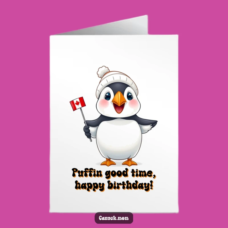 Free Printable Birthday Card: Funny Puffin with Toque & Flag, Canadian Celebration