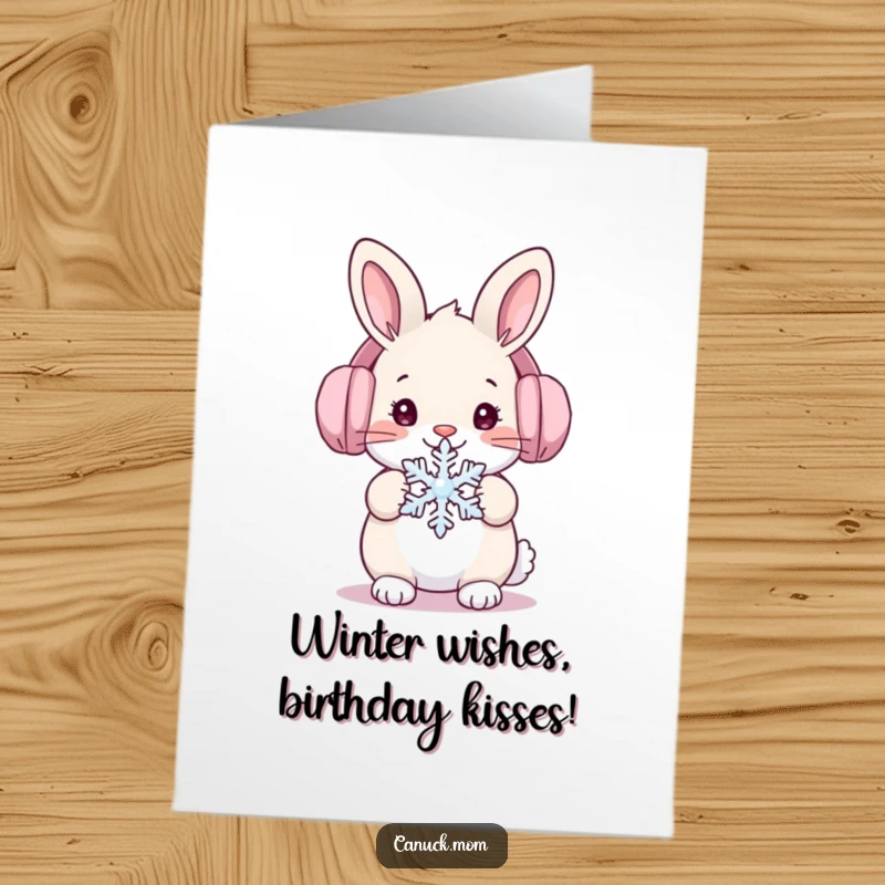 Funny Free Printable Birthday Card: Cute rabbit in ear muffs holding a snowflake, ready for winter fun.
