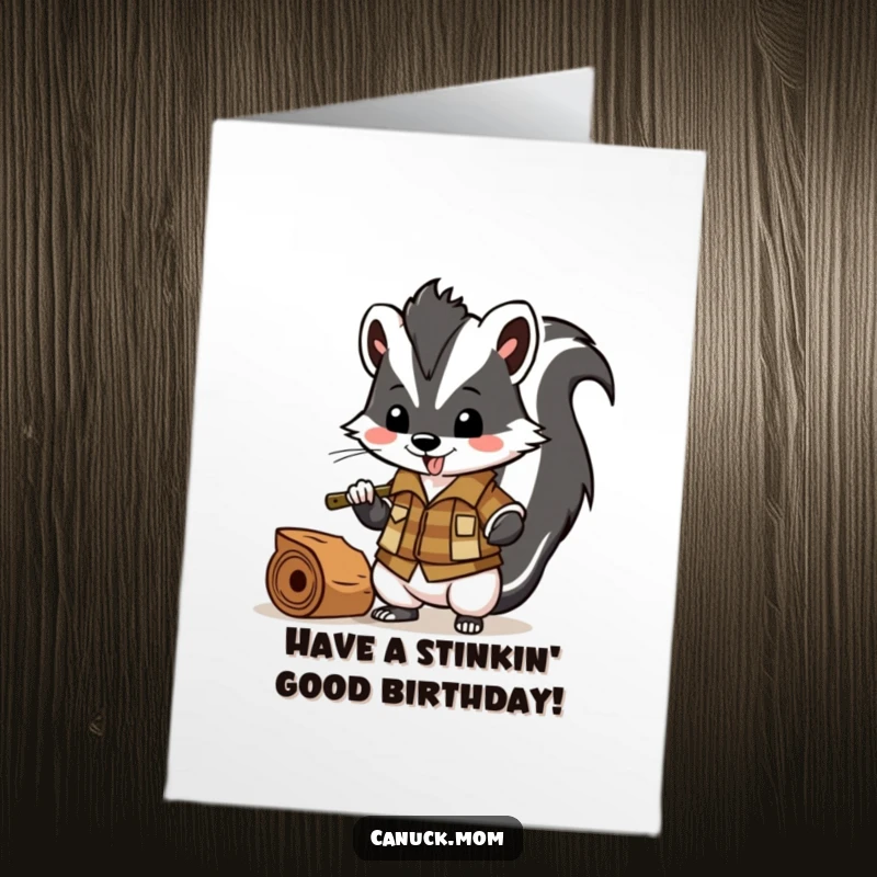 Funny Free Printable Birthday Card: Rugged skunk in lumberjack shirt chopping wood with gusto for a happy birthday.