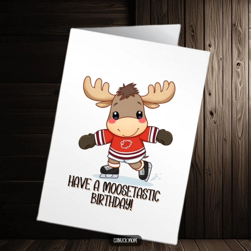 Funny Free Printable Birthday Card: A cheerful moose in a hockey jersey happily skates across the ice, ready to party.
