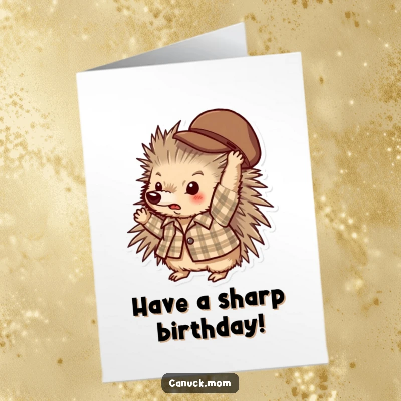 Funny Free Printable Birthday Card: A happy porcupine in a plaid shirt joyfully throwing a hat for a birthday.