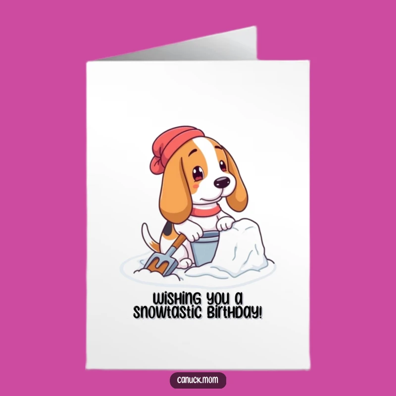 Free Printable Birthday Card: Snow Fort Basset Hound Funny Downloadable Winter Gift