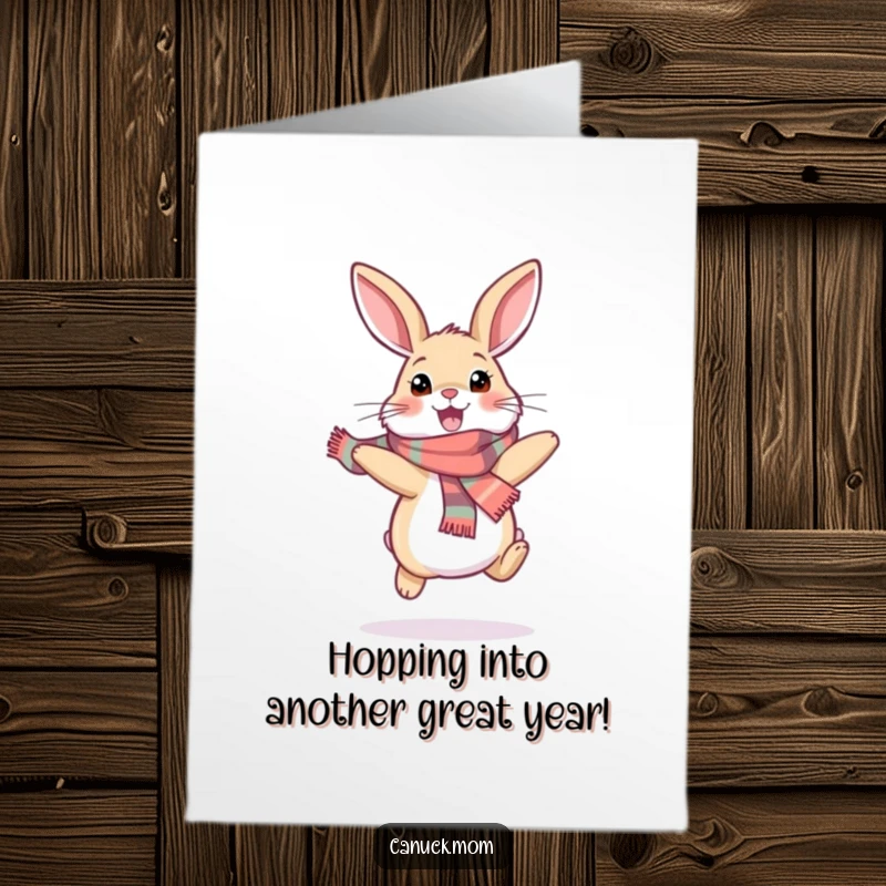 Funny Free Printable Birthday Card with a happy, scarf-wearing snowshoe hare hopping excitedly, bringing winter fun to the celebration.