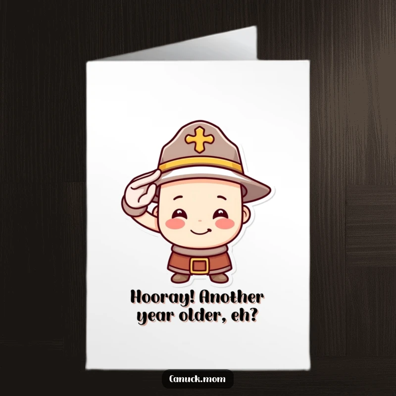 Funny Free Printable Birthday Card featuring a smiling Mountie hat character giving a brave salute, perfect for a humorous celebration.