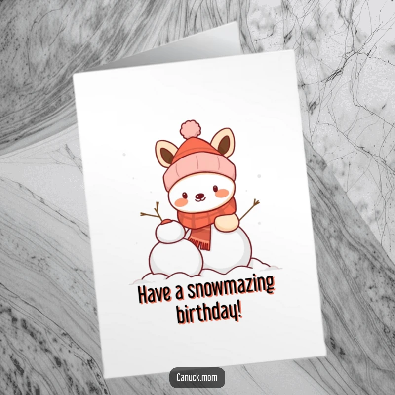 Funny Free Printable Birthday Card: Animal in winter hat happily builds a snowman, spreading birthday joy with frosty, cheerful vibes.