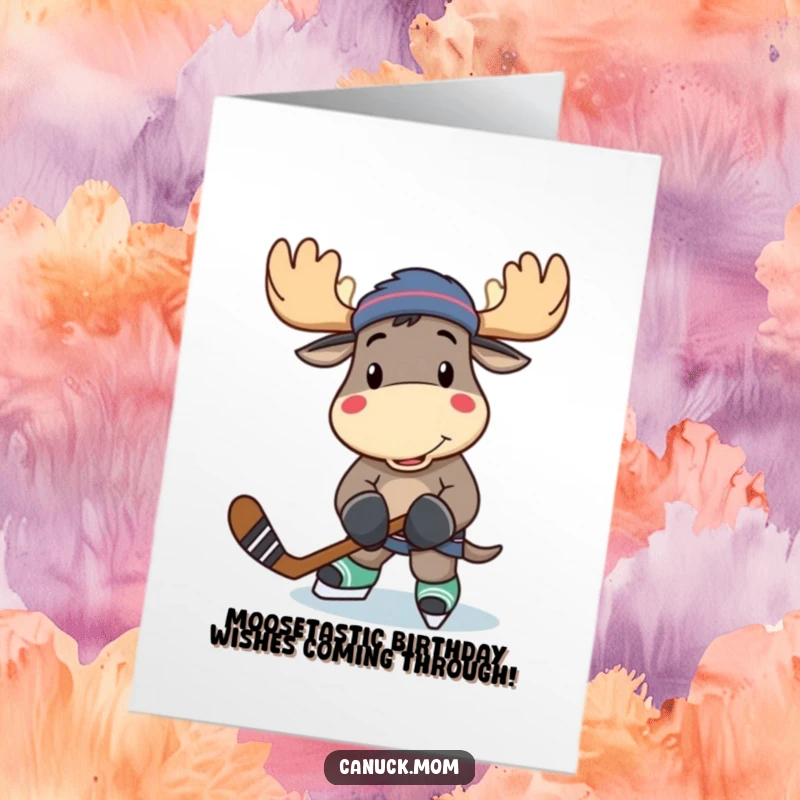 Funny Free Printable Birthday Card: Smiling moose with hockey stick celebrating a goal, ready for action.