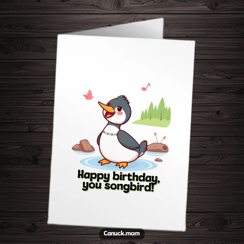 Funny Free Printable Birthday Card: A Kawaii loon cheerfully sings a happy tune by a serene lake.