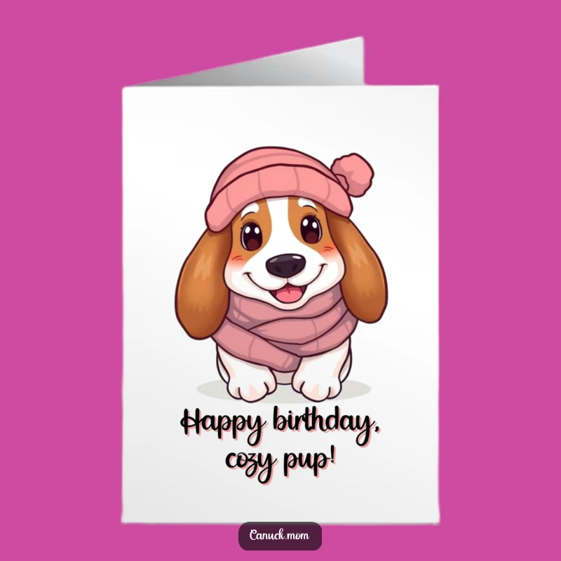 Free Printable Funny Basset Hound Birthday Card: Cozy Dog in Scarf Downloadable