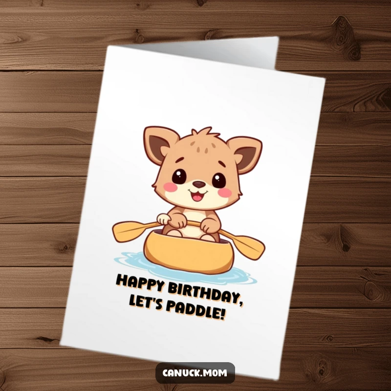 Funny Free Printable Birthday Card: Happy animal paddling a canoe with a huge smile, celebrating adventure. DIY.