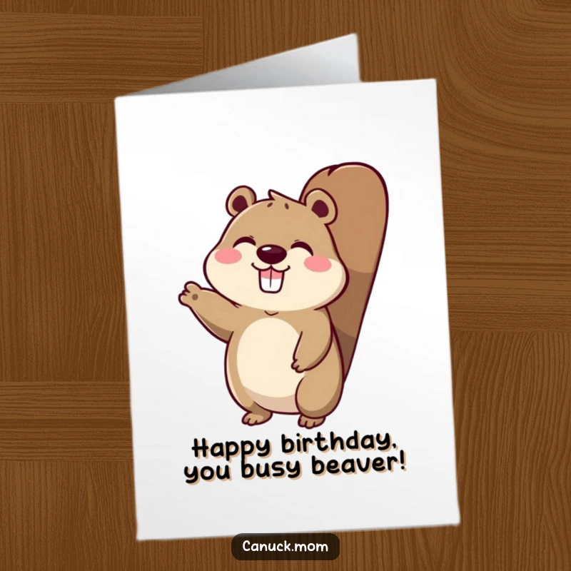 Funny Free Printable Birthday Card: A cute animal character with a prominent beaver tail waving hello with pure joy.