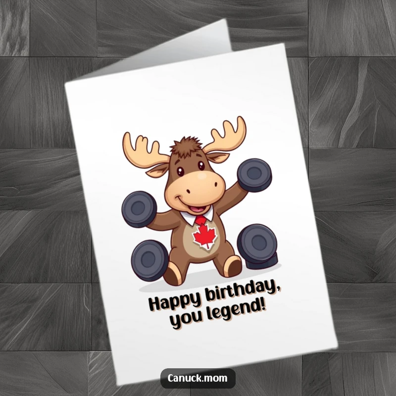 Funny free printable birthday card, moose with maple leaf tie happily juggling hockey pucks, sports, birthday celebration.