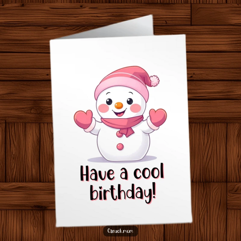 Funny Free Printable Birthday Card: Small happy snowman in mittens waving hello with a big smile.
