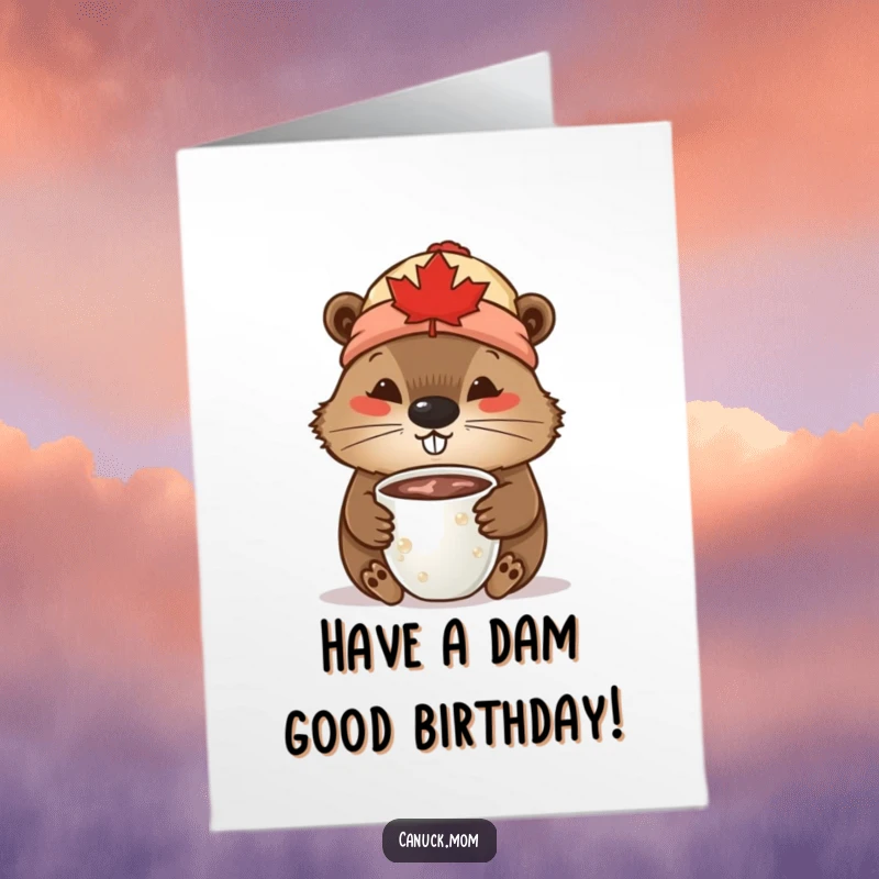 Funny free printable birthday card: Beaver in a maple leaf toque sipping hot chocolate, cozy and Canadian downloadable art.
