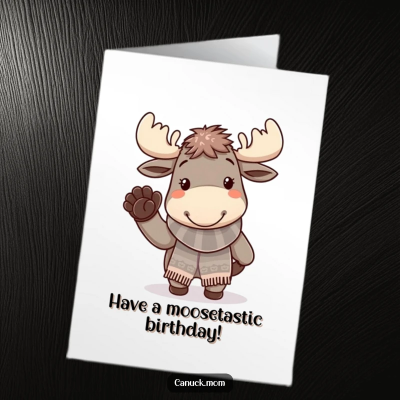 Funny Free Printable Birthday Card: Cheerful moose wearing a knitted scarf, waving a paw happily, perfect for a downloadable gift.