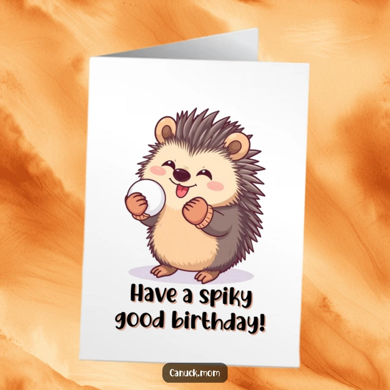 Funny Free Printable Birthday Card: A happy porcupine in mittens playfully holds a snowball, ready for birthday fun.