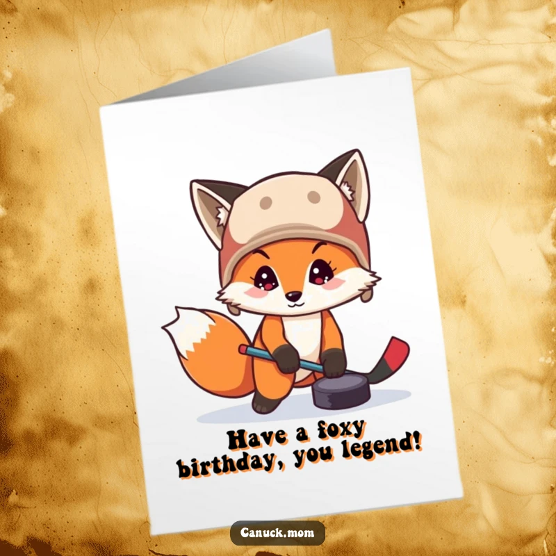 Funny Free Printable birthday card featuring a fox in a trapper hat playfully shooting a hockey puck with a grin.