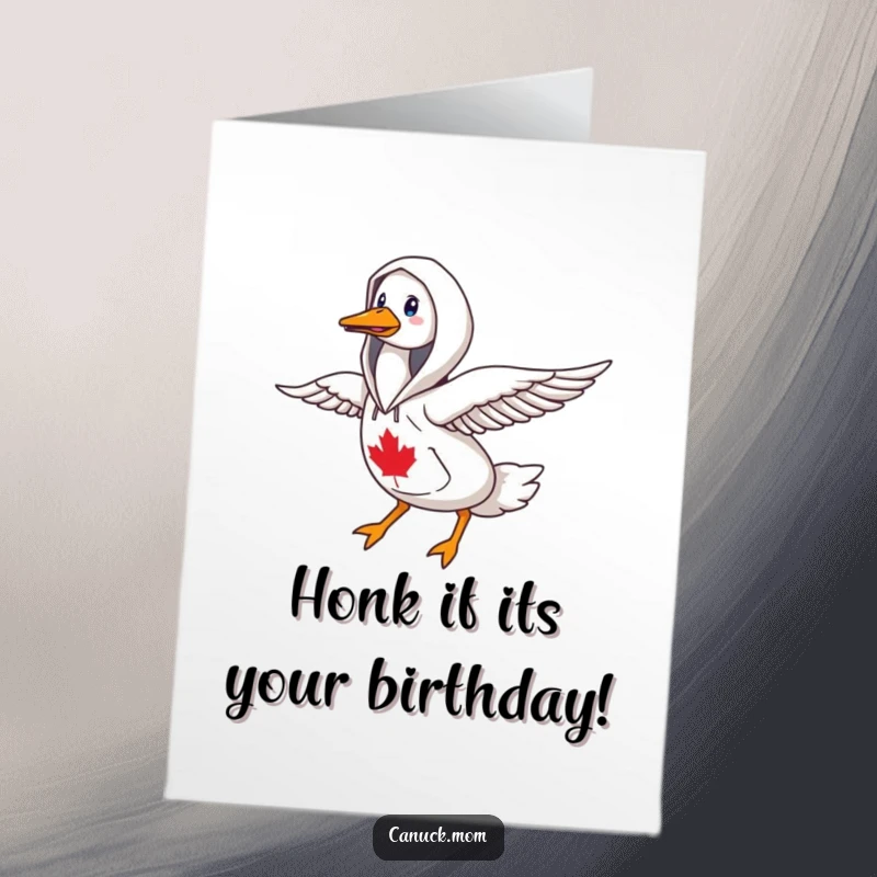 Funny Free Printable Birthday Card: Goose wearing a Canadiana hoodie, flying determinedly towards the north.