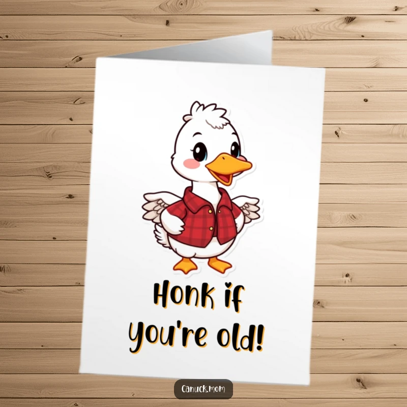 Funny Free Printable Birthday Card: Smiling Canadian Goose in red plaid shirt giving a thumbs up, ready to party.