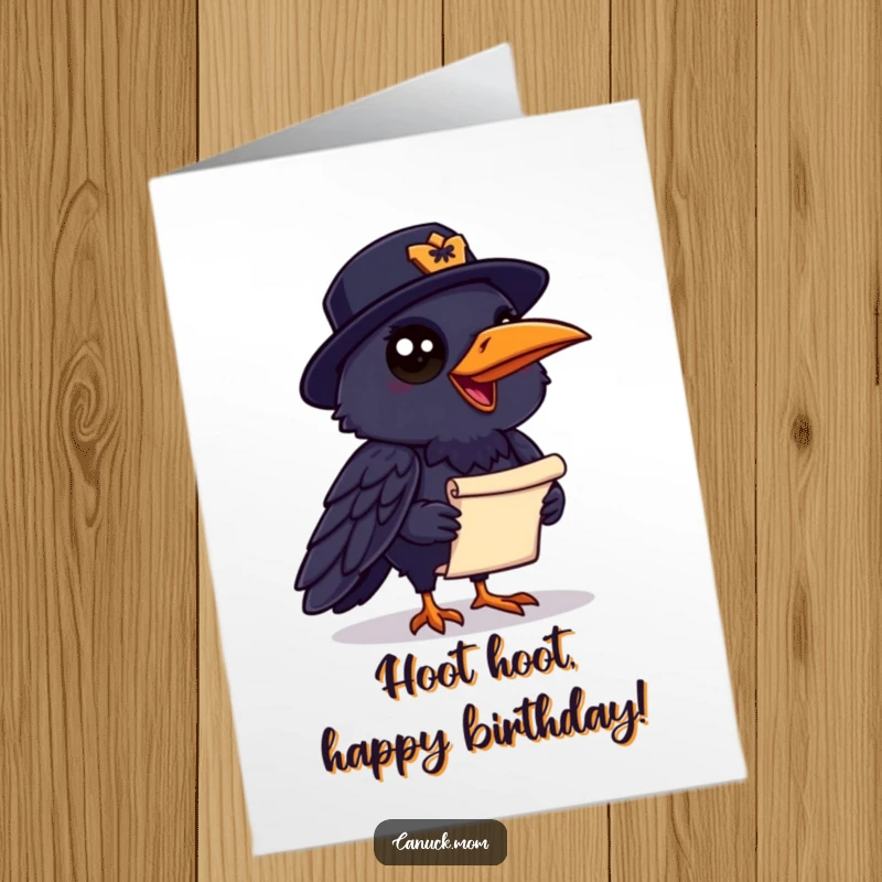 Funny Free Printable Birthday Card: Chatty raven in a Mountie hat holding a small scroll, ready to deliver news.