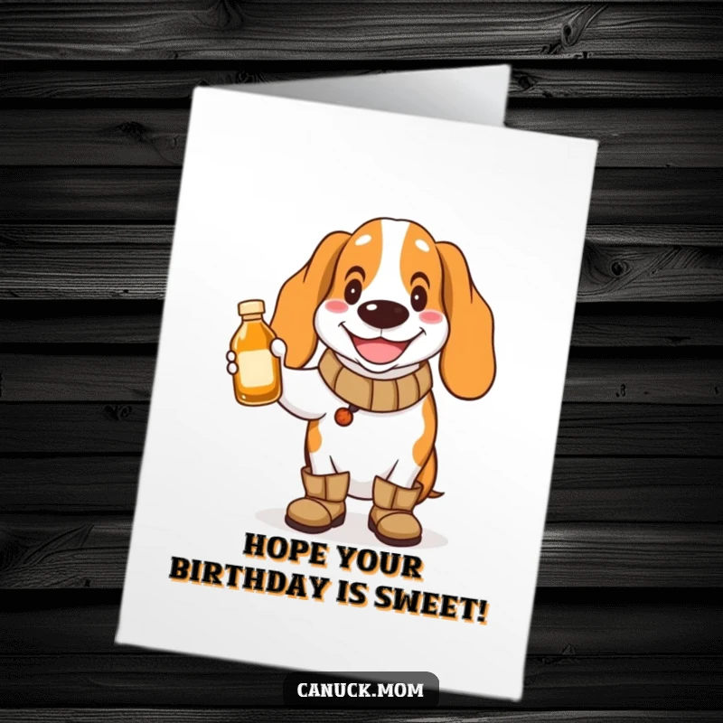 Free Printable Birthday Card: A cheerful Basset hound in boots holds a tiny maple syrup bottle, ready for sweetness.