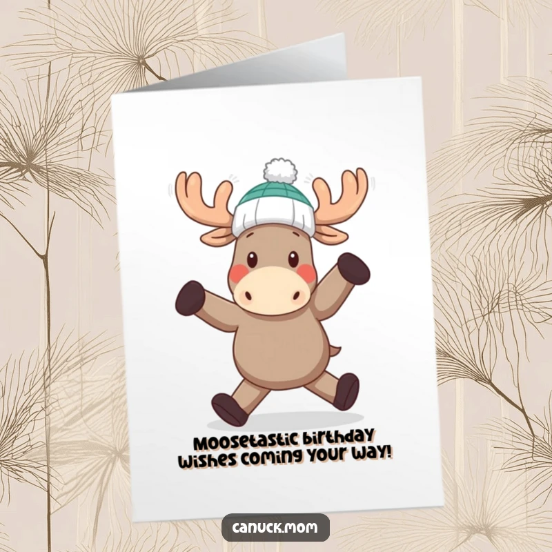 Funny Free Printable Birthday Card featuring a playful moose in a toque, joyfully dancing and spreading birthday cheer.