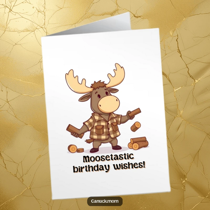 Funny free printable birthday card featuring a moose in a lumberjack shirt, humorously juggling small logs with a festive expression.