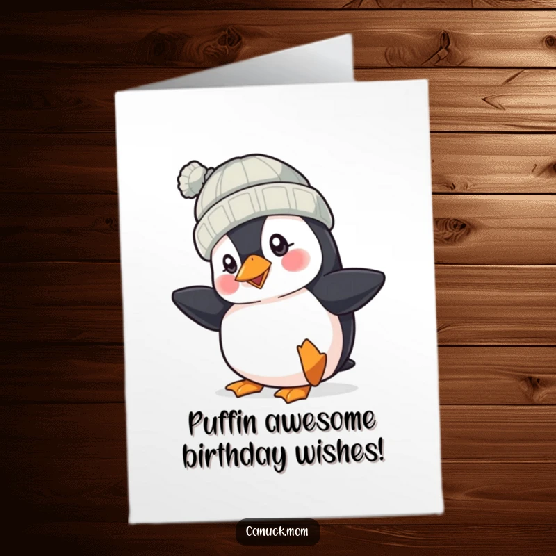 Funny Free Printable Birthday Card: Cheerful puffin wearing a knit hat, tapping its foot with excitement for a birthday.