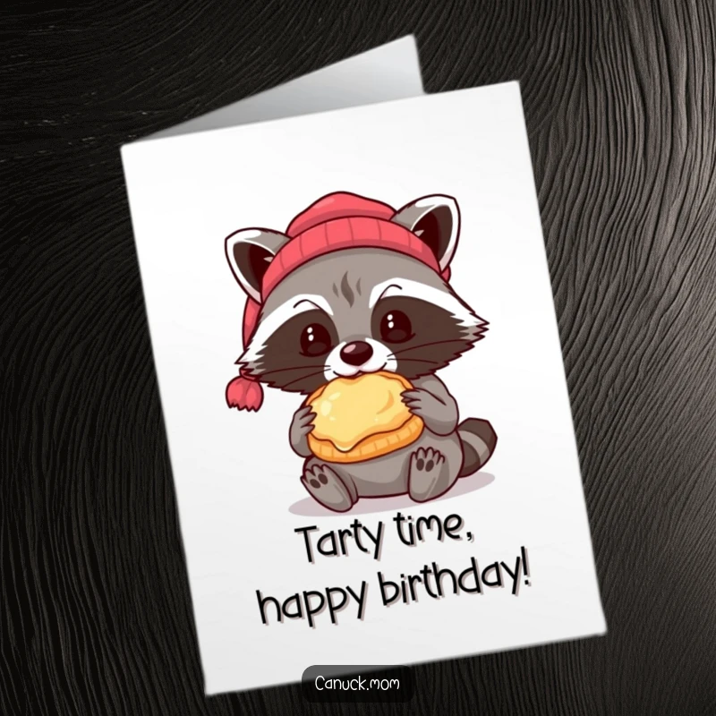 Funny Free Printable Birthday Card: Cute raccoon in a beanie happily eating a butter tart for a sweet birthday.