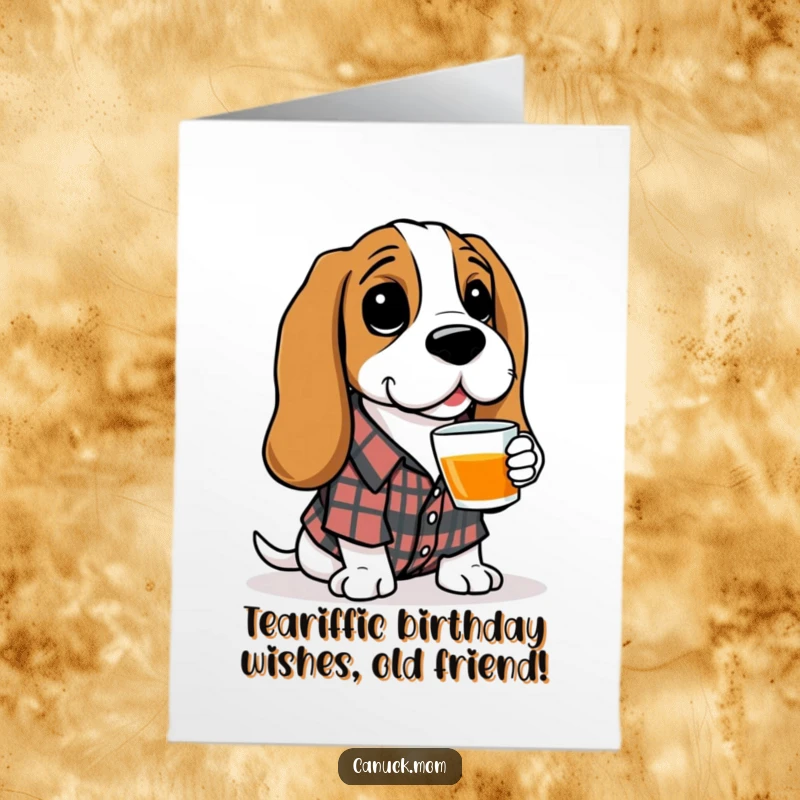 Funny Free Printable Birthday Card: Basset Hound in plaid offers tea, spreading cozy birthday cheer.