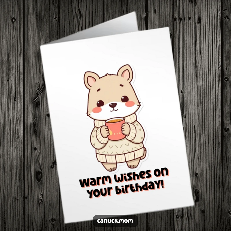 Funny Free Printable Birthday Card: Animal in cozy sweater shares a warm drink, spreading birthday cheer with comfort and joy.