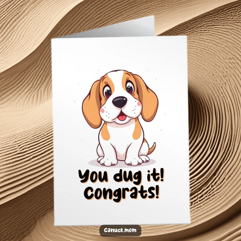Amused Free Printable Basset Hound wearing earmuffs, reacting humorously to snowflakes for congrats.