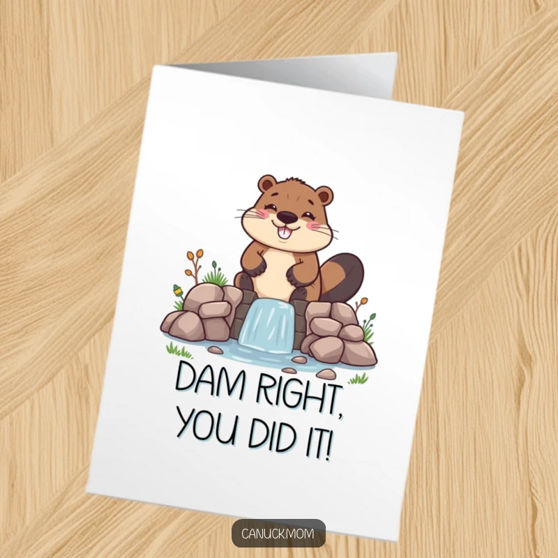 Funny Free Printable Congratulations Card: A happy beaver diligently constructing a charmingly unstable, tiny dam.